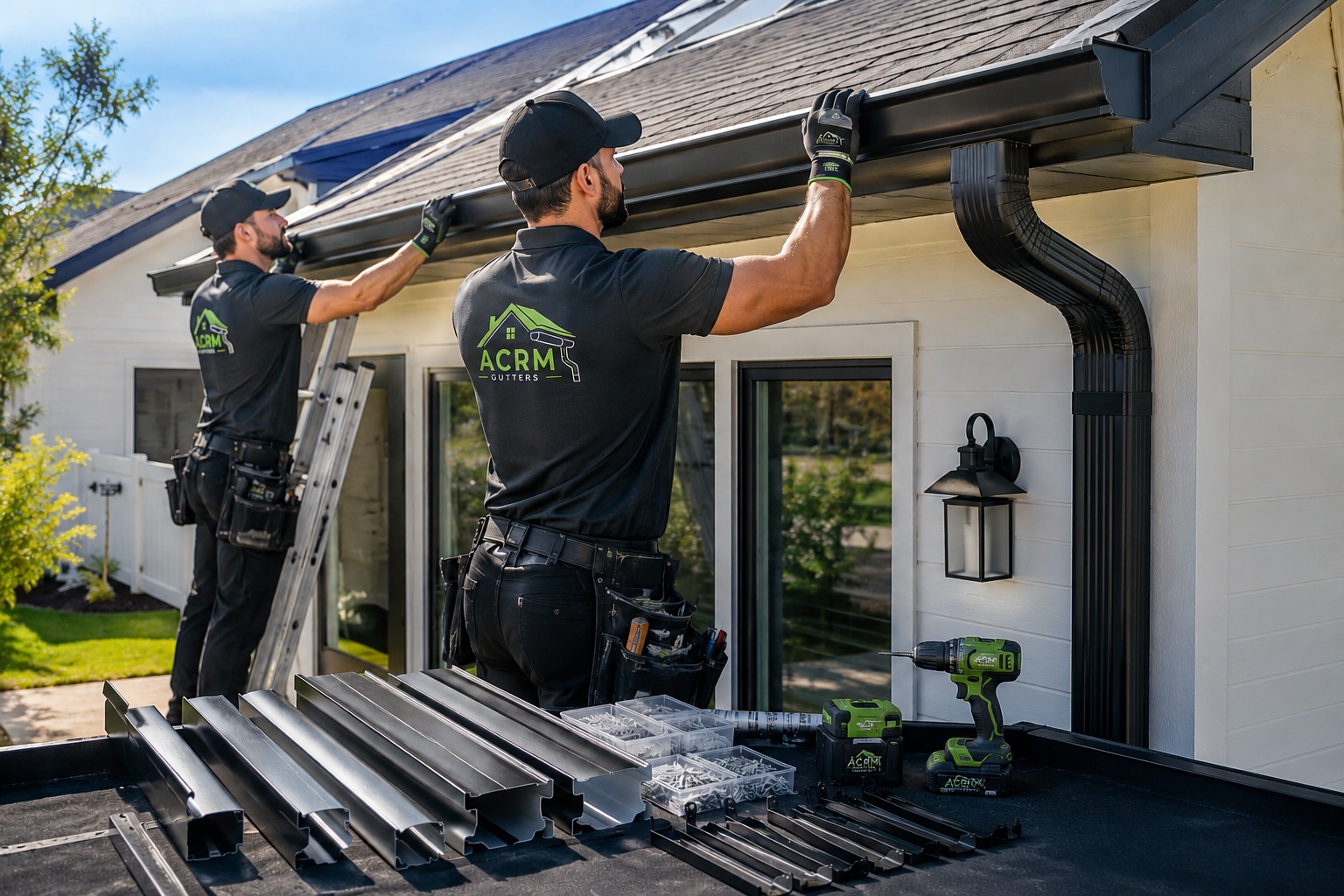 ACRM Gutters crew installing a seamless gutter section